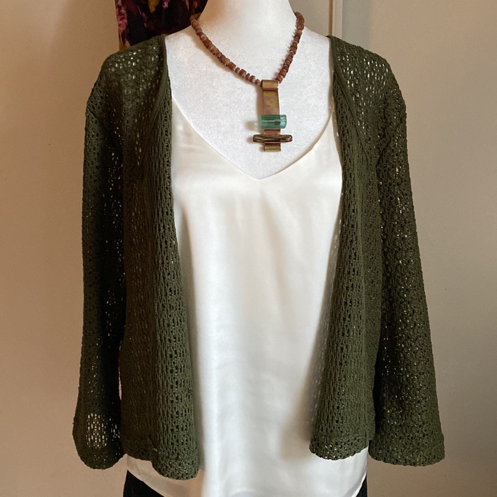Norton Studios Women’s Open Knit Long Sleeve Olive Green Layering Summer Sweater - Picture 6 of 6